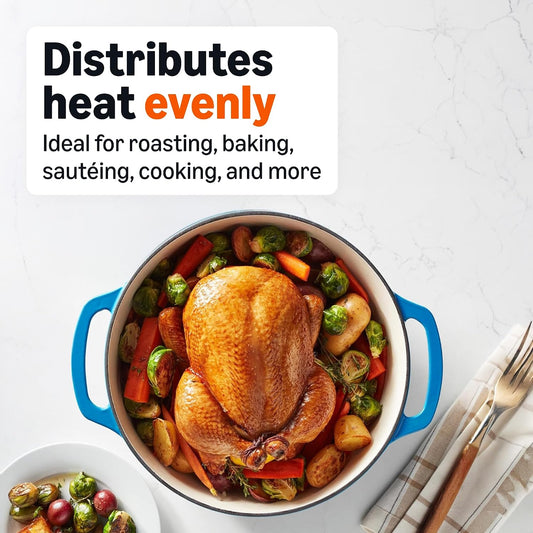 Amazon Basics Enameled Cast Iron Dutch Oven Pot With Lid, 7.3-Quart, Round, Dual Handles, Heavy-Duty, Oven Safe for Stews, Roasting & Baking, Blue