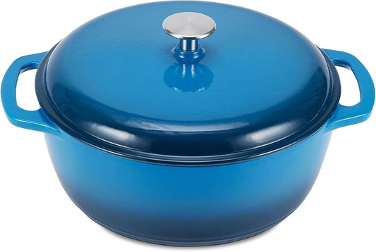 Amazon Basics Enameled Cast Iron Dutch Oven Pot With Lid, 7.3-Quart, Round, Dual Handles, Heavy-Duty, Oven Safe for Stews, Roasting & Baking, Blue