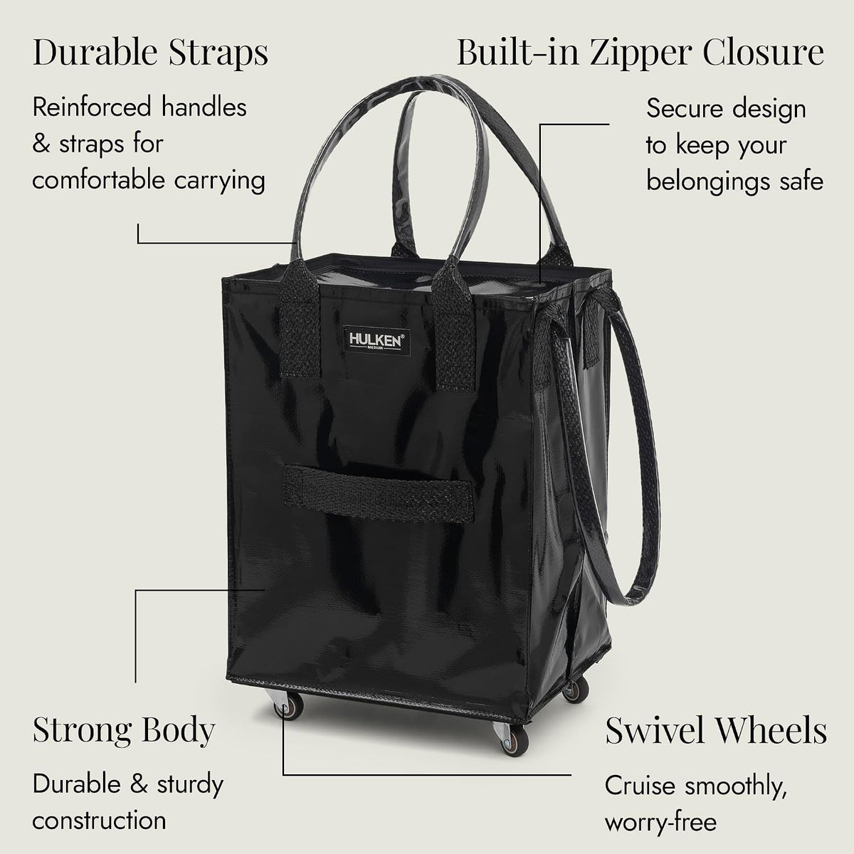 HULKEN - Medium Black, Reusable Grocery Bag On Wheels, Holds 66 lb