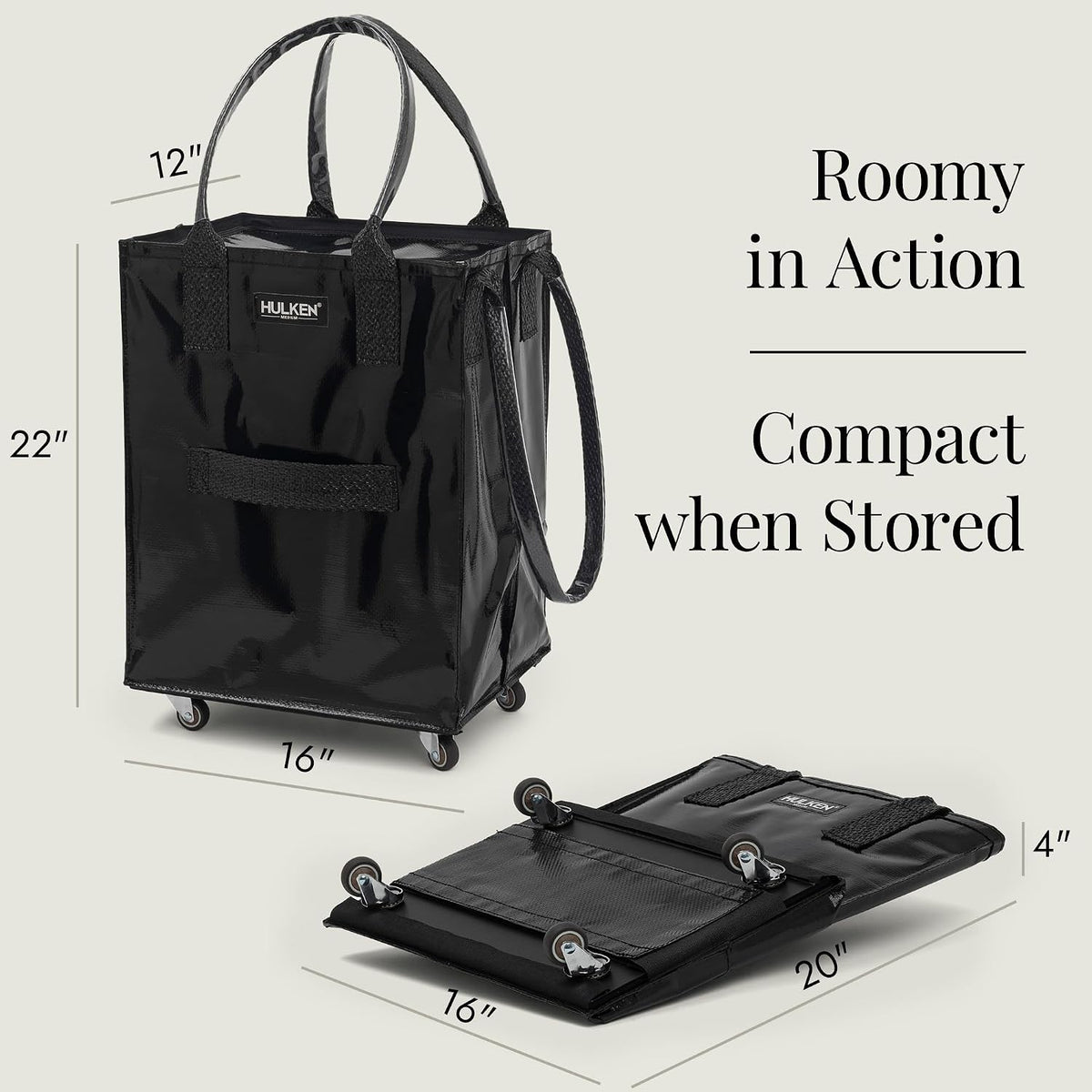 HULKEN - Medium Black, Reusable Grocery Bag On Wheels, Holds 66 lb