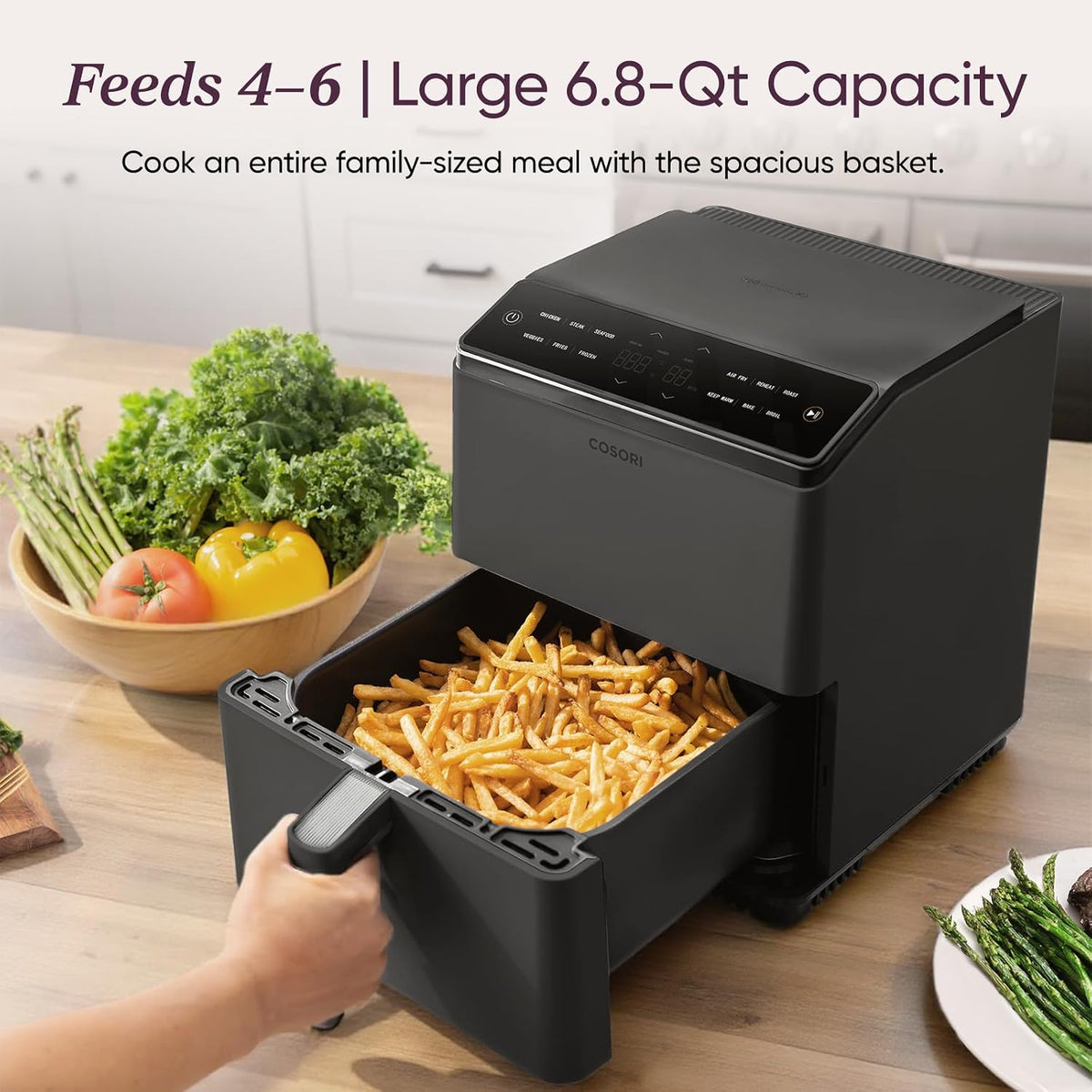 Cosori Smart Air Fryer 6.8 Qt, Dual Heating Elements, Ceramic Coating, Gray