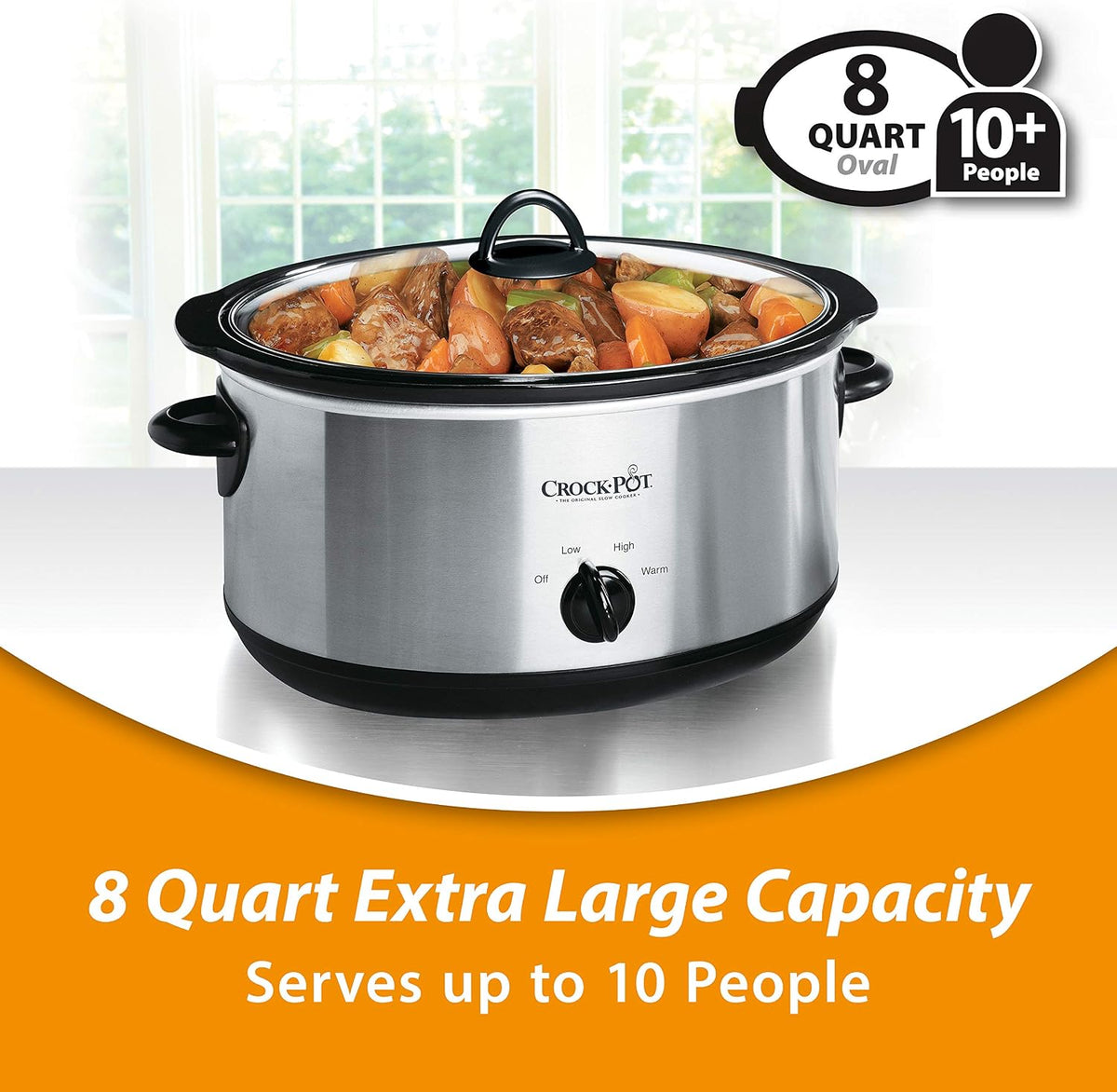 Crock-Pot 8-Quart Manual Slow Cooker, XL Family Size Serves 10+ People, Removable Stoneware with Warming Setting, Dishwasher Safe for Easy Cleanup, Stainless Steel