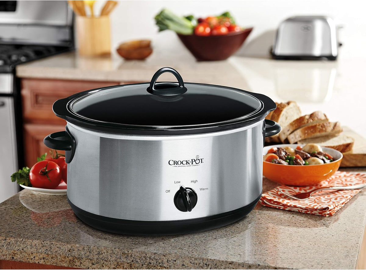 Crock-Pot 8-Quart Manual Slow Cooker, XL Family Size Serves 10+ People, Removable Stoneware with Warming Setting, Dishwasher Safe for Easy Cleanup, Stainless Steel